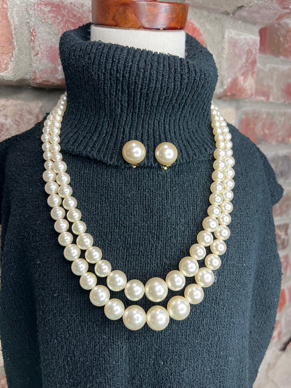 Faux pearl double strand necklace and clip earrings vintage 1950s